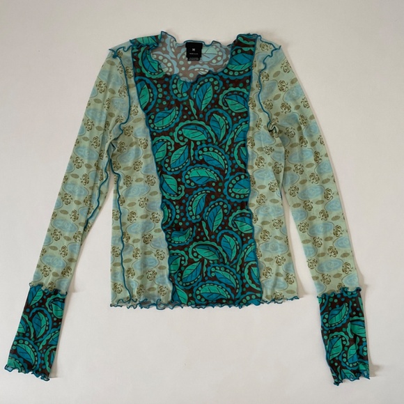 Anna Sui Sheer Mesh Paisley Green Posies Top Size Medium, Boho 90's Long Sleeve - Picture 5 of 9